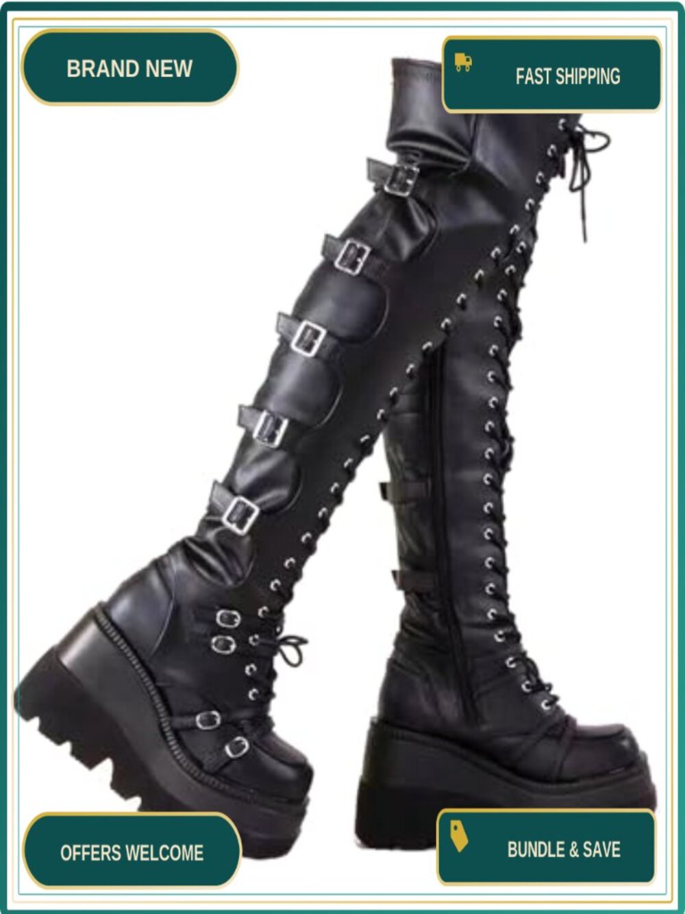 Goth Platform Over Knee Thigh High Boots Chunky Heel Motorcycle Lace Up Side